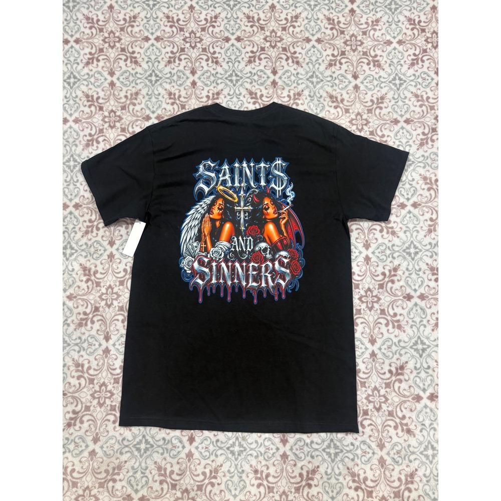 Saints and Sinners Graphic T-Shirt Mens Medium Black G5000 Angel Devil Streetwea